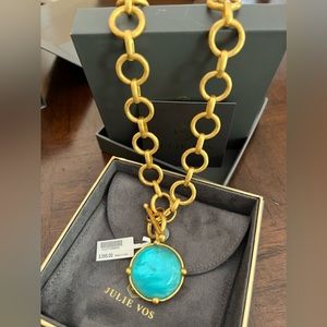 Julie Vos Honeybee statement necklace. Iridescent Bahamian Blue pendant.